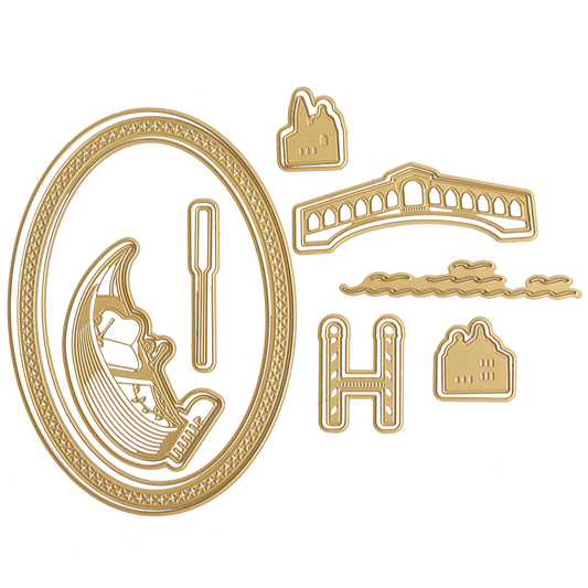 The Gondola 3D Scene Dies set features gold metal die cut shapes—such as an oval frame, gondola with oar, bridge, clouds, buildings, and an “H” shape—artfully arranged on a white background. Ideal for Venice-inspired paper crafting or adding depth to your projects with dimensional die cuts, this set lets you create a charming gondola scene.