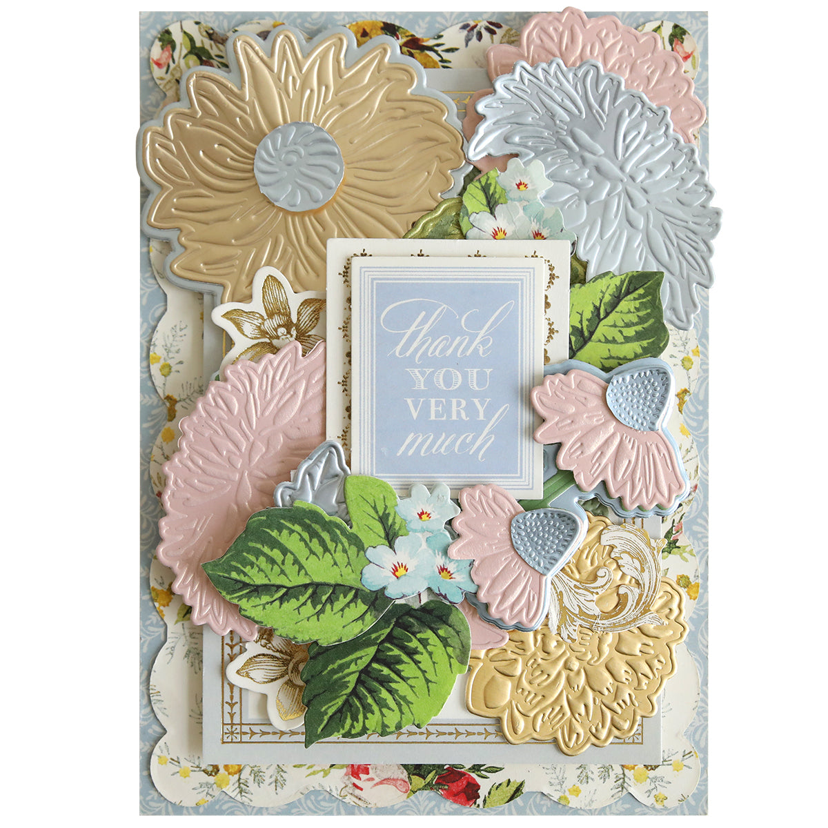 Greeting card featuring layered gold, pink, and silver metallic flowers crafted with the Dahlia, Mum, and Sunflower 3D Floral Dies—accented by green botanical leaves and finished with a central “thank you very much” sentiment in light blue and white—an exquisite creation for paper craft enthusiasts.