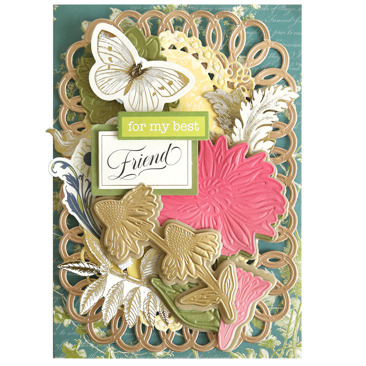 Ornate greeting card decorated with gold, pink, and green embossed flowers—crafted using the Dahlia, Mum, and Sunflower 3D Floral Dies—along with gold leaves and a butterfly. Featuring the text “for my best friend,” this beautifully made card showcases exquisite botanical detail and intricate floral die-cuts, making it a stunning example of elegant paper crafts.