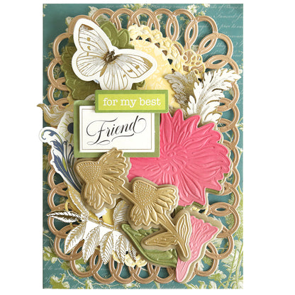 Ornate greeting card decorated with gold, pink, and green embossed flowers—crafted using the Dahlia, Mum, and Sunflower 3D Floral Dies—along with gold leaves and a butterfly. Featuring the text “for my best friend,” this beautifully made card showcases exquisite botanical detail and intricate floral die-cuts, making it a stunning example of elegant paper crafts.