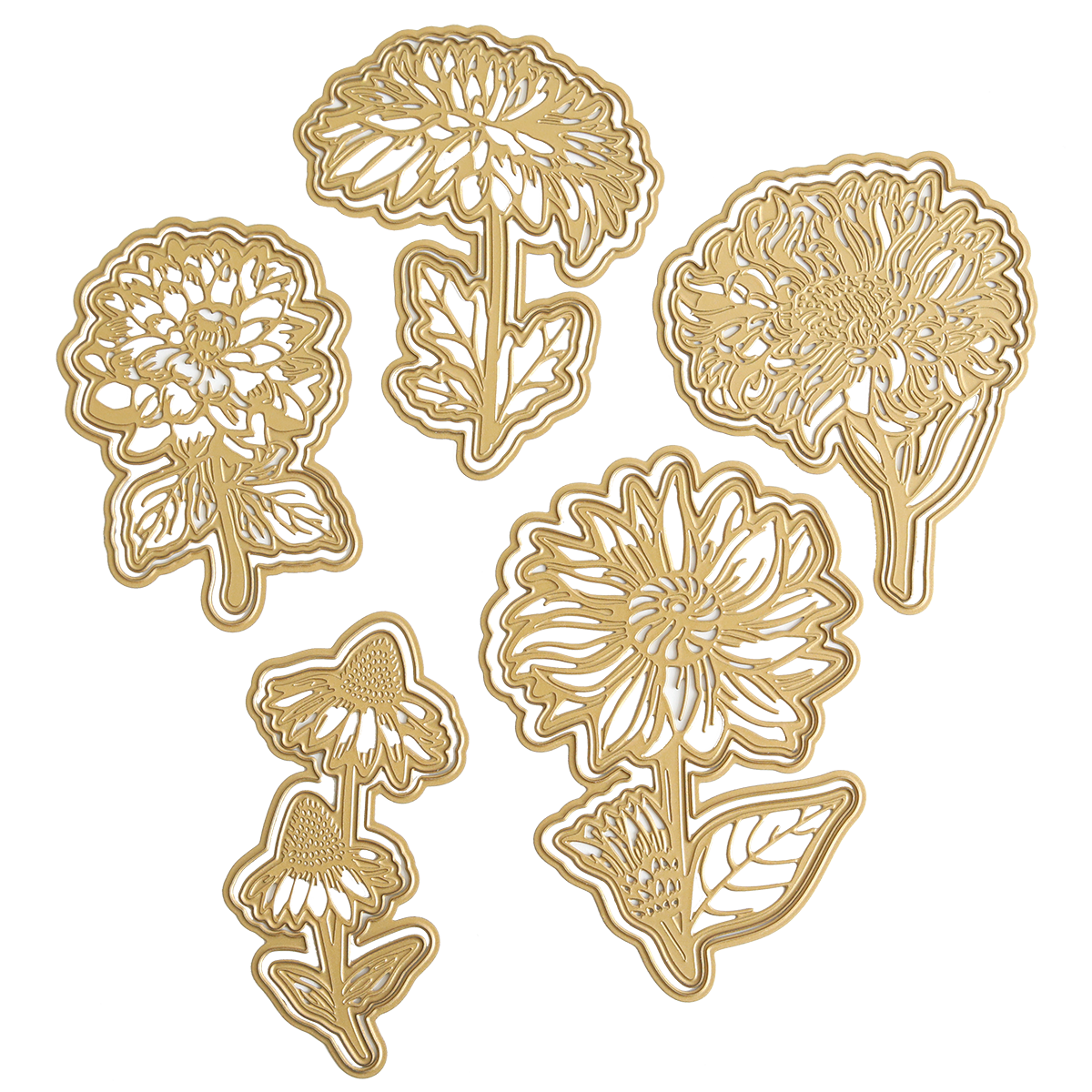 Five gold-toned metal cutouts from the Dahlia, Mum, and Sunflower 3D Floral Dies set, each featuring a different flower with intricately detailed petals and leaves, showcase exquisite botanical craftsmanship arranged on a white background.