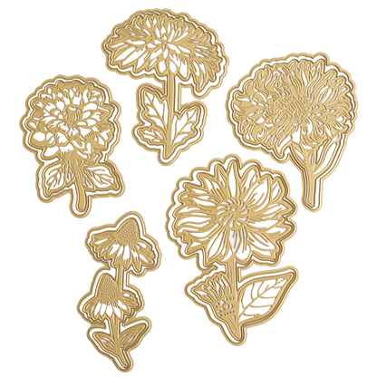 Five gold-toned metal cutouts from the Dahlia, Mum, and Sunflower 3D Floral Dies set, each featuring a different flower with intricately detailed petals and leaves, showcase exquisite botanical craftsmanship arranged on a white background.