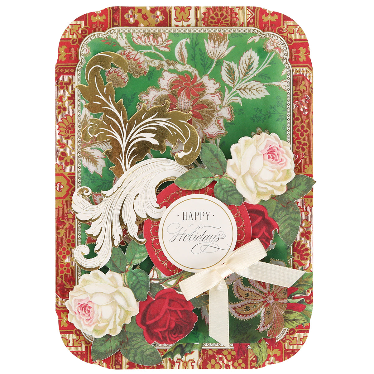 Simply Merry Christmas Card Making Kit with red, white, and gold florals, green-red patterned background, “Happy Holidays” message, and a white ribbon bow.