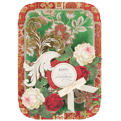 Simply Merry Christmas Card Making Kit with red, white, and gold florals, green-red patterned background, “Happy Holidays” message, and a white ribbon bow.