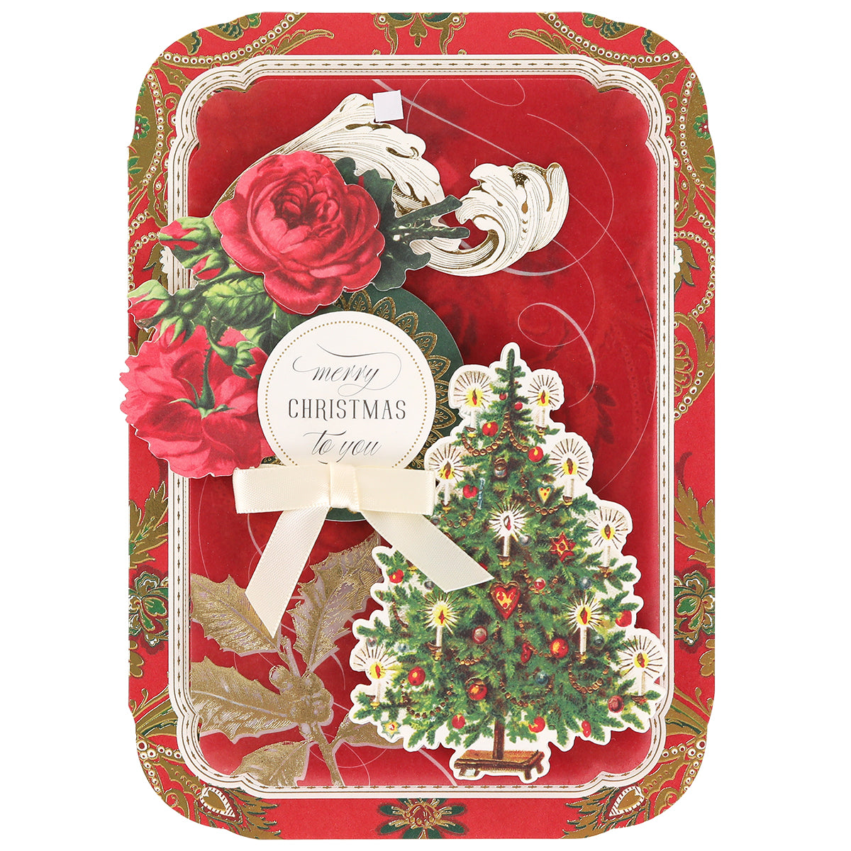 The Simply Merry Christmas Card Making Kit features a red card with gold borders, a Christmas tree, red roses, and “Merry Christmas to you” text—ideal for holiday crafting.