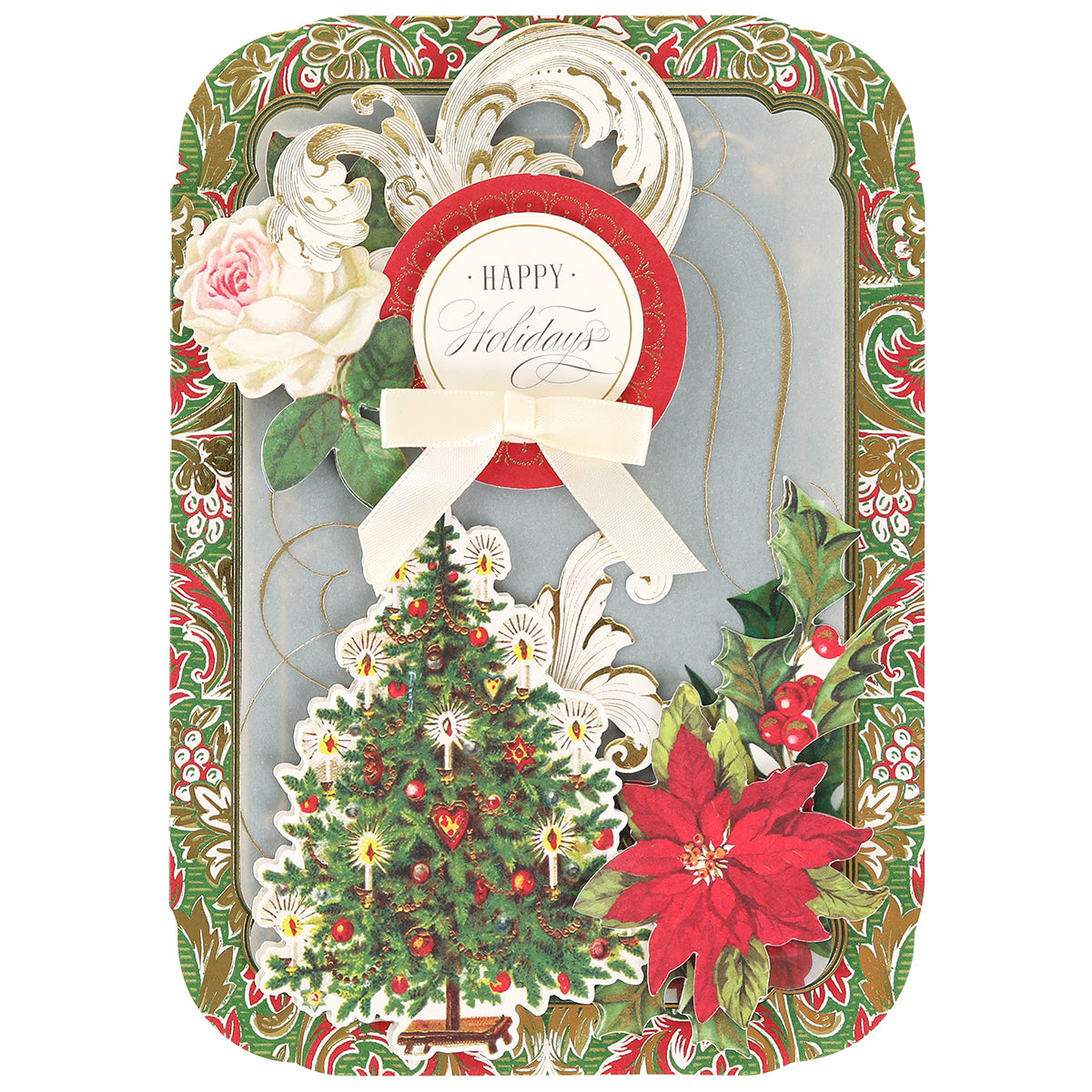 Send warm wishes with the Simply Merry Christmas Card Making Kit featuring festive cards adorned with a Christmas tree, poinsettia, roses, holly, and “Happy Holidays.”.