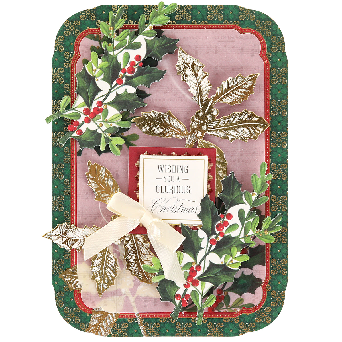 Simply Merry Christmas Card Making Kit: Includes holly leaves, red berries, gold accents, cream ribbon, and “Wishing You a Glorious Christmas” message.