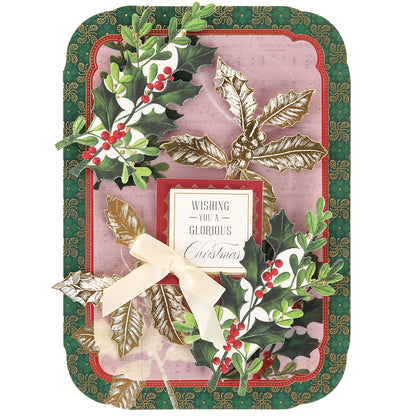 Simply Merry Christmas Card Making Kit: Includes holly leaves, red berries, gold accents, cream ribbon, and “Wishing You a Glorious Christmas” message.