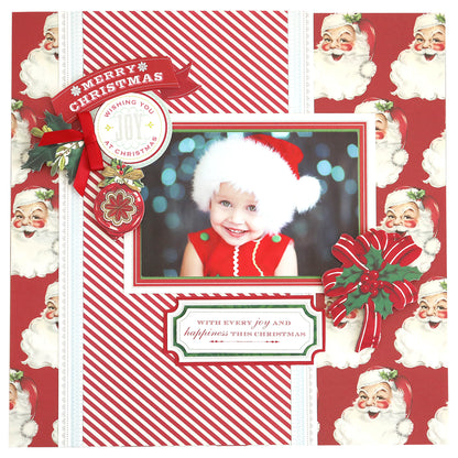 A holiday card featuring a smiling child in a Santa hat, surrounded by vintage Santa illustrations, red stripes, and festive decorations from the Favorite Christmas Sentiment Stickers collection.