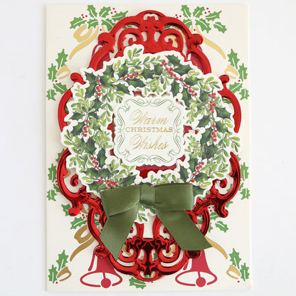 Adorned with Favorite Christmas Sentiment Stickers, this decorative Christmas card showcases a green wreath, red frame, gold bells, and a green bow. The message “Warm Christmas Wishes” graces the center, while the charming 3D stickers from our collection add festive cheer and heartfelt sentiment to your holiday greetings.