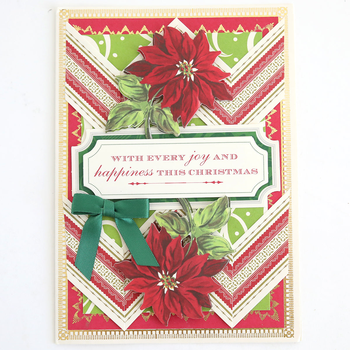 Christmas card featuring vibrant red poinsettias, a green ribbon, and the message “With every joy and happiness this Christmas” set against a festive red, green, and gold chevron background. Enhance your holiday greetings by adding Favorite Christmas Sentiment Stickers for an extra cheerful and personalized touch.