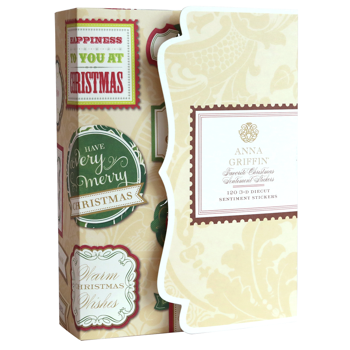Box of Favorite Christmas Sentiment Stickers by Anna Griffin, featuring an ornate holiday-themed label and a festive selection from the Christmas sticker library visible on the side.