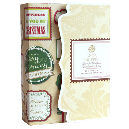 Box of Favorite Christmas Sentiment Stickers by Anna Griffin, featuring an ornate holiday-themed label and a festive selection from the Christmas sticker library visible on the side.