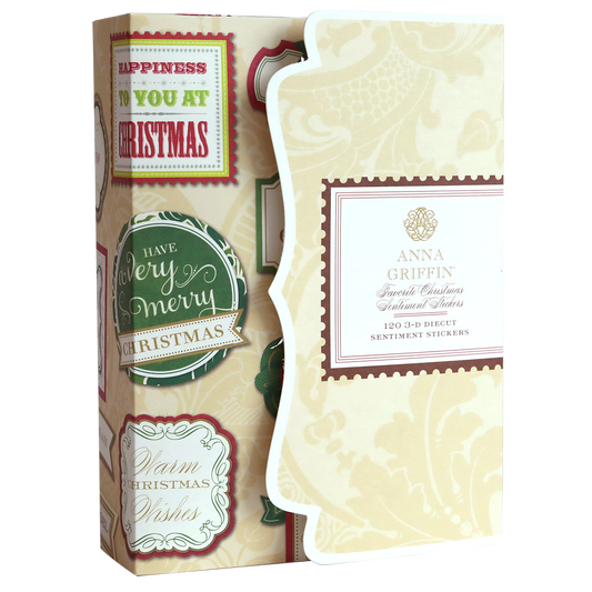 Box of Favorite Christmas Sentiment Stickers by Anna Griffin, featuring an ornate holiday-themed label and a festive selection from the Christmas sticker library visible on the side.