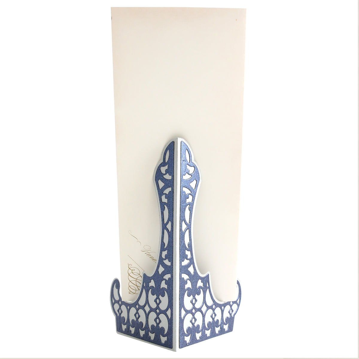 An oversized blue and white Tall Card Stand Dies with an eagle on it.
