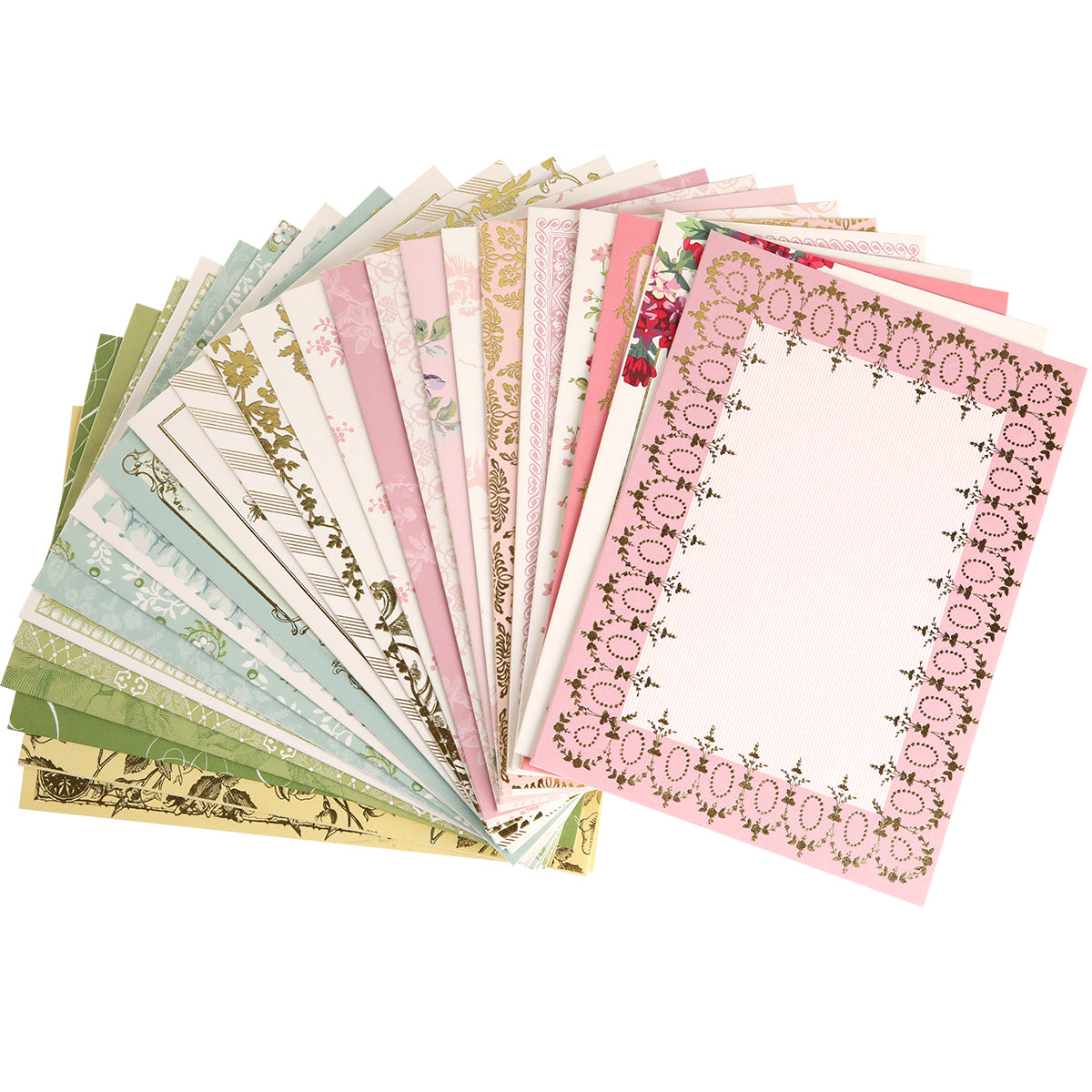 A fan arrangement of Birthday Perfect Pattern Cards and Envelopes, featuring 5x7 card bases with unique pastel designs and ornate borders, displayed on a white background.