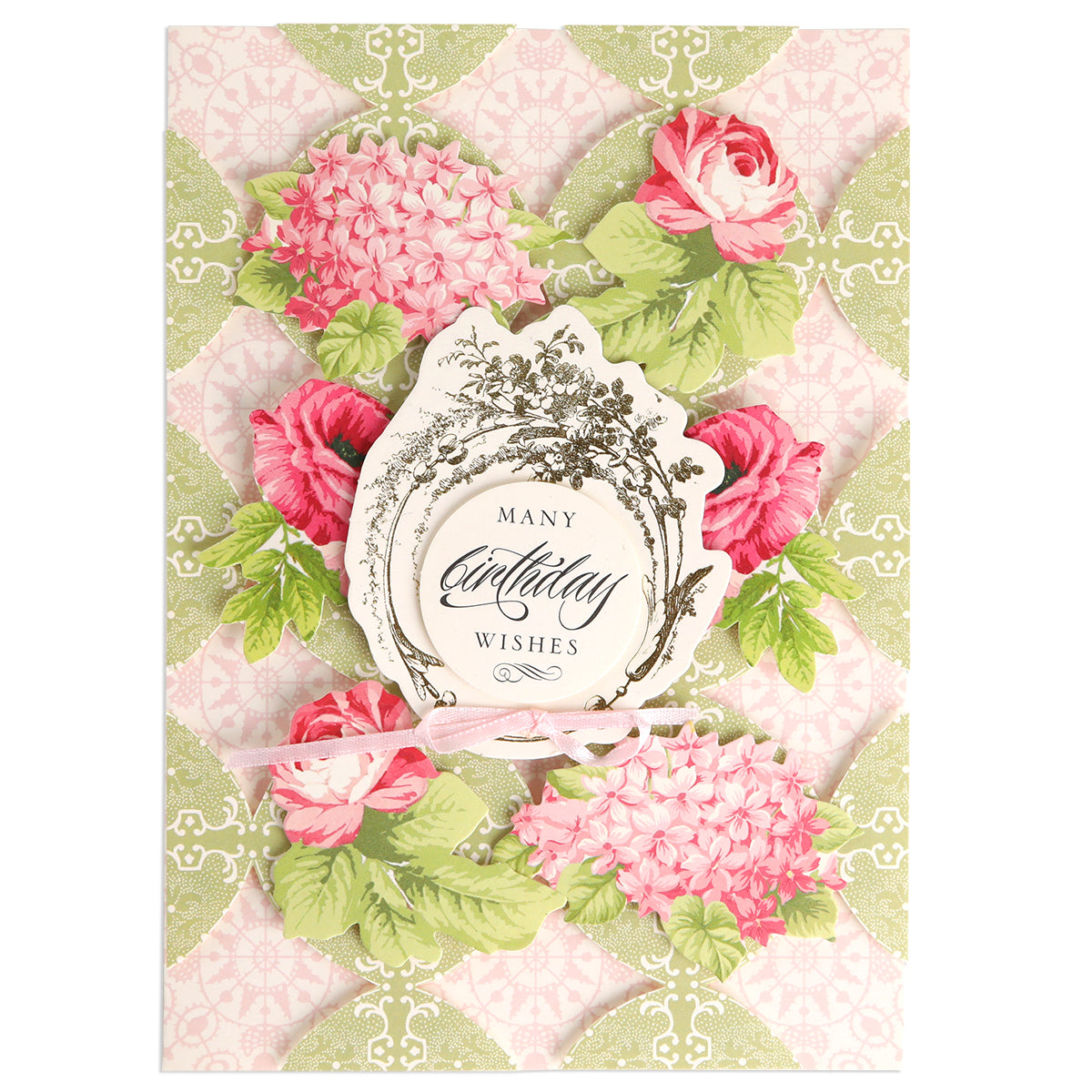 Introducing the Birthday Perfect Pattern Cards and Envelopes: a decorative birthday card from our personalized cards collection, featuring pink flowers and green leaves framing a central message that reads “Many birthday wishes” on a pastel patterned background. Beautifully presented on sturdy 5x7 card bases, this charming design is perfect for celebrating someone special.