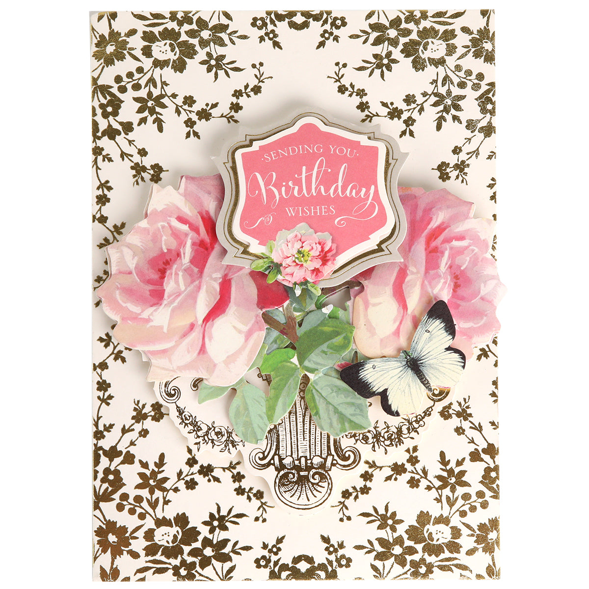 Birthday Perfect Pattern Cards and Envelopes feature a beautifully crafted 5x7 birthday card adorned with pink roses, a butterfly, and a pink label that reads “Sending You Birthday Wishes” on a white background accented by gold floral patterns—an ideal choice for those who appreciate personalized elegance.