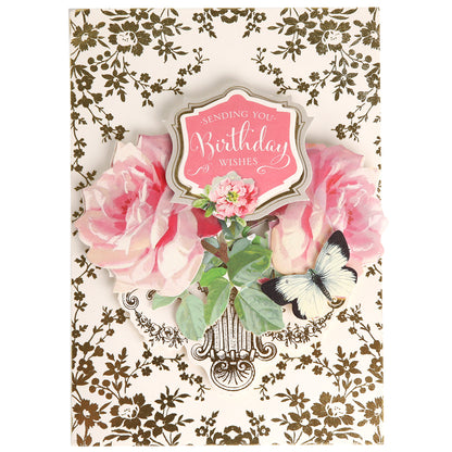 Birthday Perfect Pattern Cards and Envelopes feature a beautifully crafted 5x7 birthday card adorned with pink roses, a butterfly, and a pink label that reads “Sending You Birthday Wishes” on a white background accented by gold floral patterns—an ideal choice for those who appreciate personalized elegance.