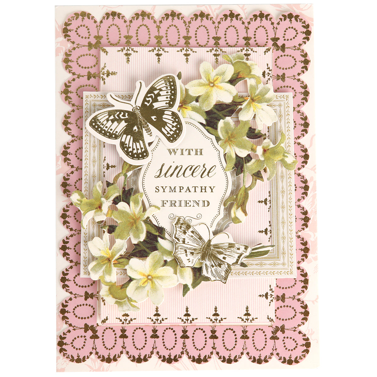 A set of “Birthday Perfect Pattern Cards and Envelopes” featuring elegant gold lace edges, white and green flowers, butterflies, and the message “With sincere sympathy friend” on a pink background. Each card is crafted on high-quality 5x7 card bases, making them perfect for sending thoughtful, personalized greetings to show you care.