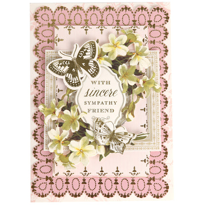 A set of “Birthday Perfect Pattern Cards and Envelopes” featuring elegant gold lace edges, white and green flowers, butterflies, and the message “With sincere sympathy friend” on a pink background. Each card is crafted on high-quality 5x7 card bases, making them perfect for sending thoughtful, personalized greetings to show you care.