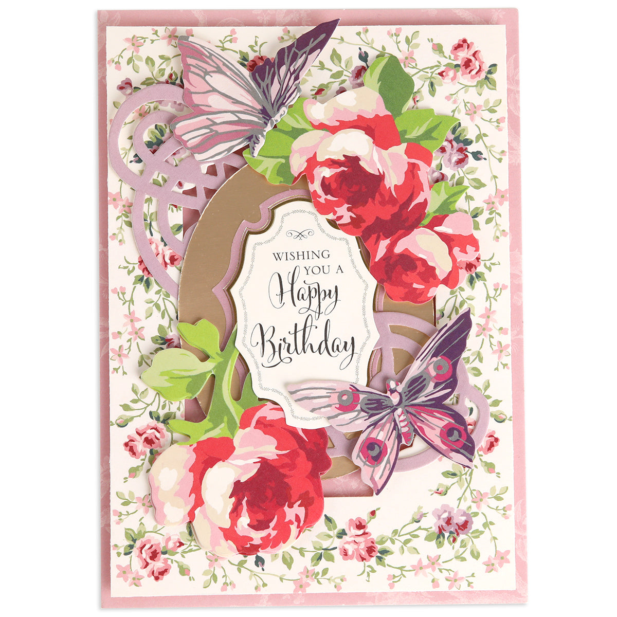 Send your heartfelt wishes with the Birthday Perfect Pattern Cards and Envelopes. This elegant 5x7 card features pink and red roses, two butterflies, and the message “Wishing You a Happy Birthday” in ornate lettering at the center—a beautiful way to celebrate any birthday.