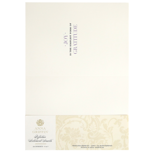 Reflective Sentiment Inserts are cream-colored cards with a gold floral design and the pre-printed message “JOY IS THE SIMPLEST FORM OF GRATITUDE” in the upper left, ideal for anyone who loves elegant, handmade-style cards.