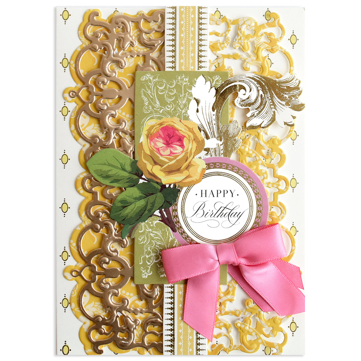 Ornate birthday card with a yellow rose, gold patterns created using Opulent Border Cut and Emboss Dies, a pink ribbon bow, and “Happy Birthday” in the center.