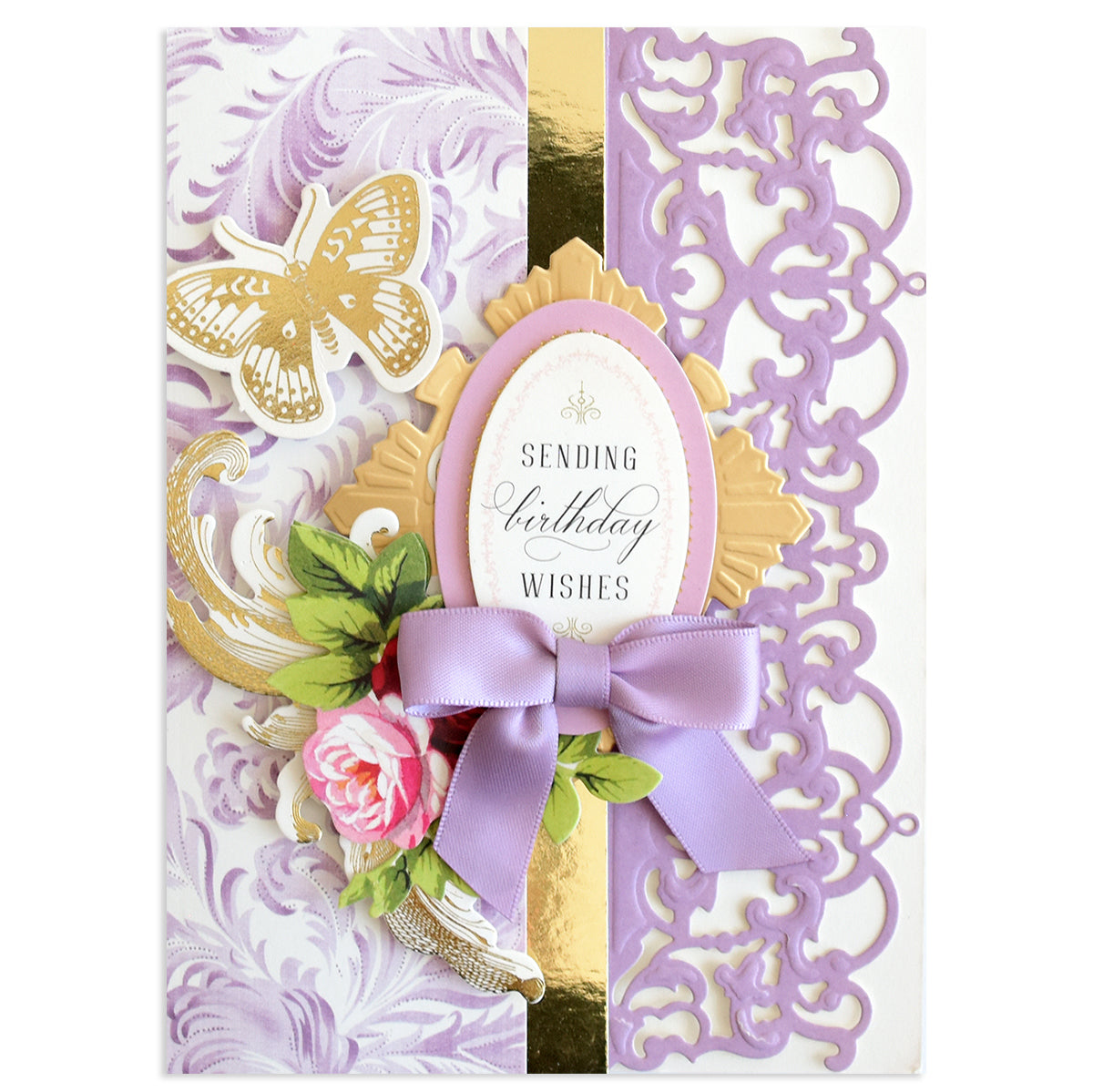 Lavender and gold birthday card with butterfly, ribbon, rose, ornate frame made using the Opulent Border Cut and Emboss Dies, featuring “Sending birthday wishes.” Ideal for those who love unique card embellishments.
