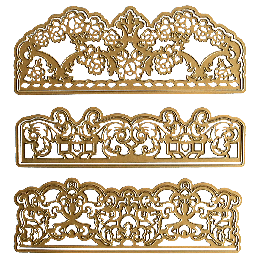 Three ornate gold decorative borders with intricate floral and scroll patterns, ideal for card embellishments, arranged vertically on a white background—created using Opulent Border Cut and Emboss Dies.