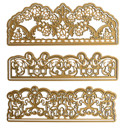 Three ornate gold decorative borders with intricate floral and scroll patterns, ideal for card embellishments, arranged vertically on a white background—created using Opulent Border Cut and Emboss Dies.