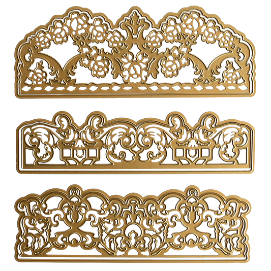 Three ornate gold decorative borders with intricate floral and scroll patterns, ideal for card embellishments, arranged vertically on a white background—created using Opulent Border Cut and Emboss Dies.