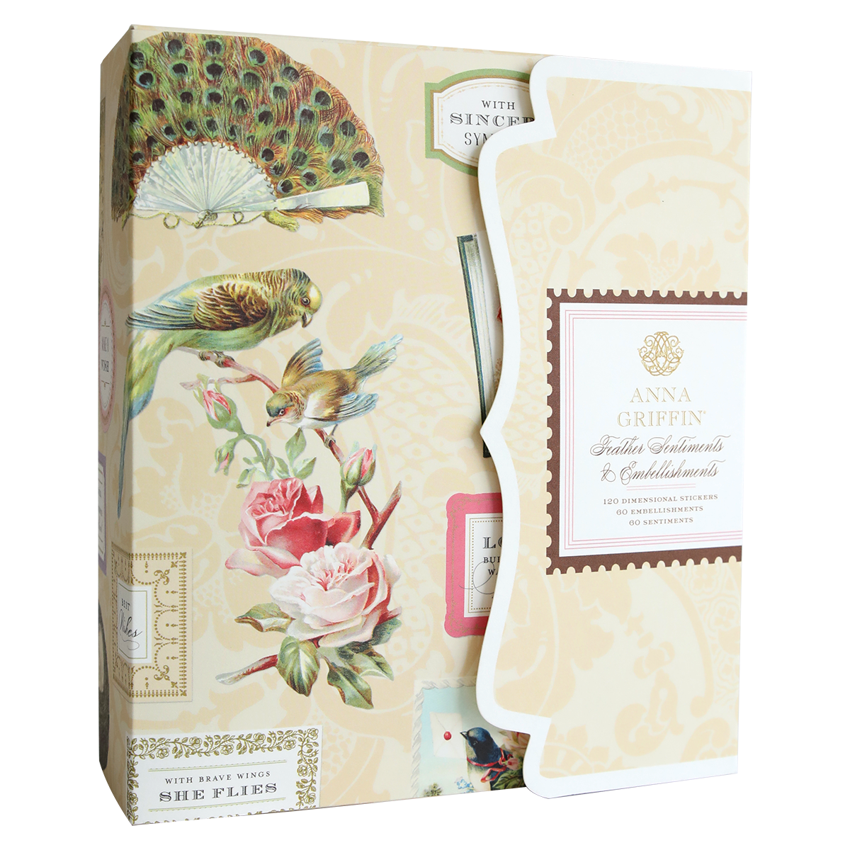 The Feather Embellishments and Sentiments box features vintage bird, rose, fan, and label illustrations, plus craft stickers and 3D sticker sentiments for decorative stationery projects.