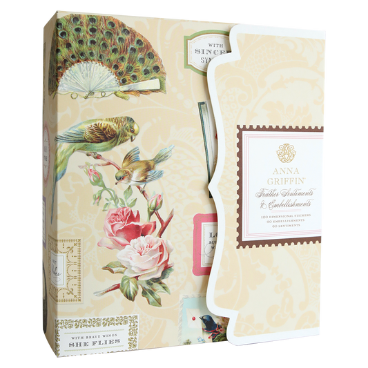 The Feather Embellishments and Sentiments box features vintage bird, rose, fan, and label illustrations, plus craft stickers and 3D sticker sentiments for decorative stationery projects.