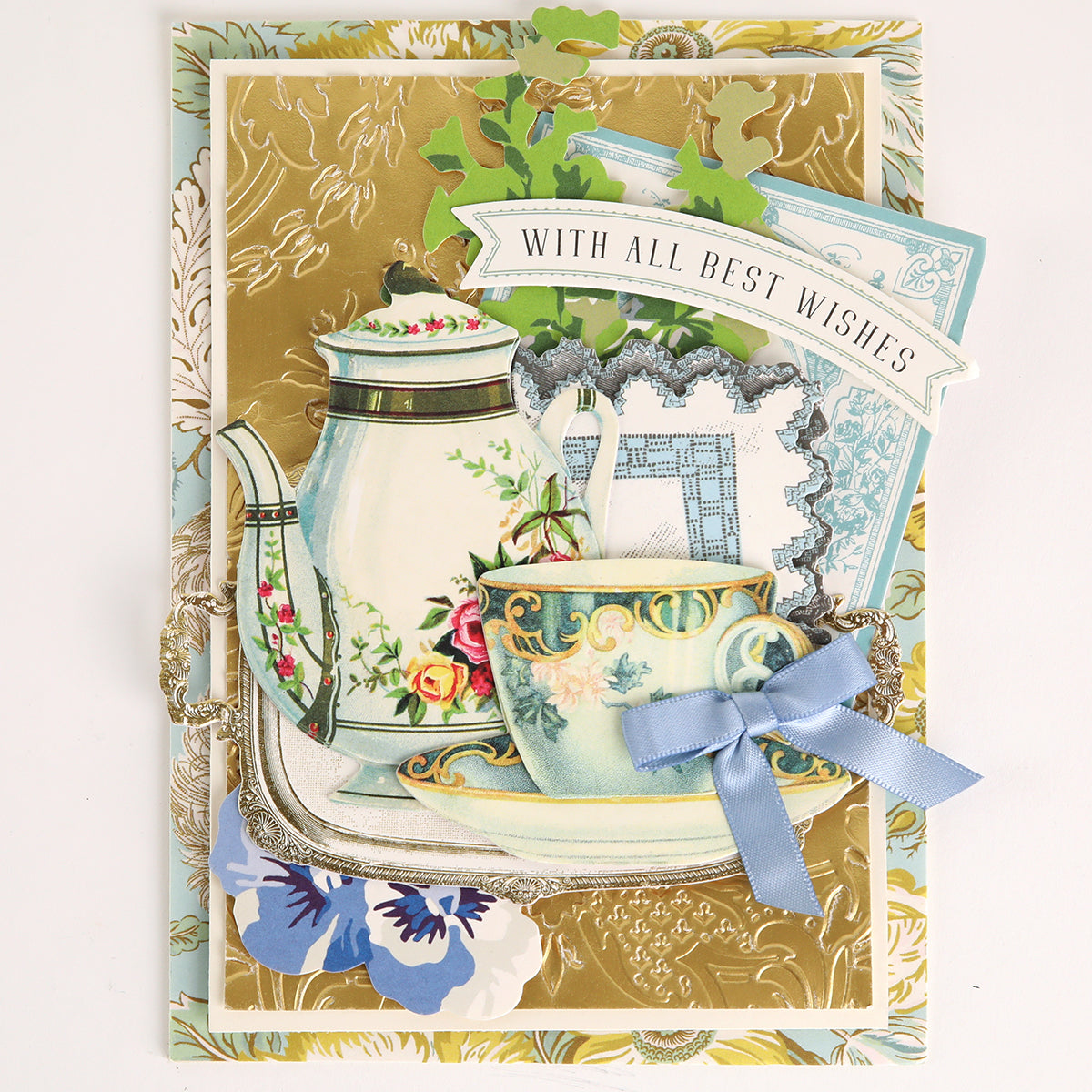 Add a touch of vintage charm to your projects with Favorite Tea Embellishments 120 Count—featuring decorative designs including teapots, teacups, saucers, blue ribbons, flowers, and banners reading “WITH ALL BEST WISHES” on elegant gold and floral backgrounds—ideal for those who love antique tea stickers and handmade card decorations.