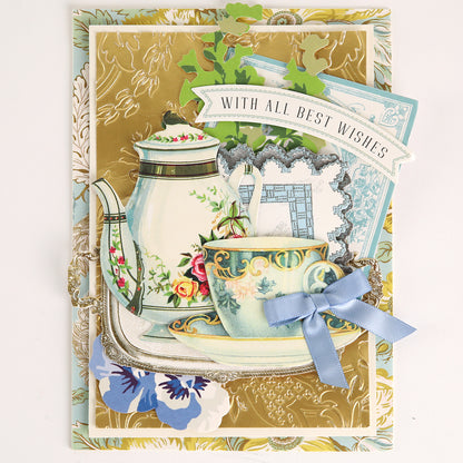 Add a touch of vintage charm to your projects with Favorite Tea Embellishments 120 Count—featuring decorative designs including teapots, teacups, saucers, blue ribbons, flowers, and banners reading “WITH ALL BEST WISHES” on elegant gold and floral backgrounds—ideal for those who love antique tea stickers and handmade card decorations.
