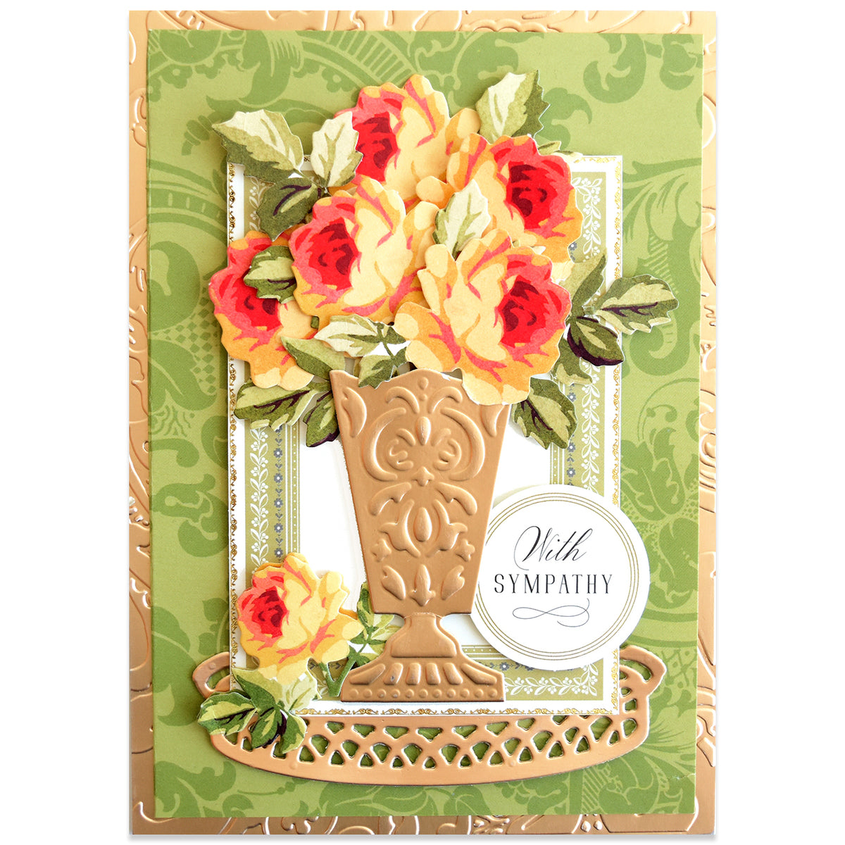 Greeting card created with the Tea Party Cut and Emboss Dies, featuring a gold vase filled with red and yellow roses set against a green patterned background. The card is embellished with elegant craft details and finished with a circular label reading “With Sympathy.”.
