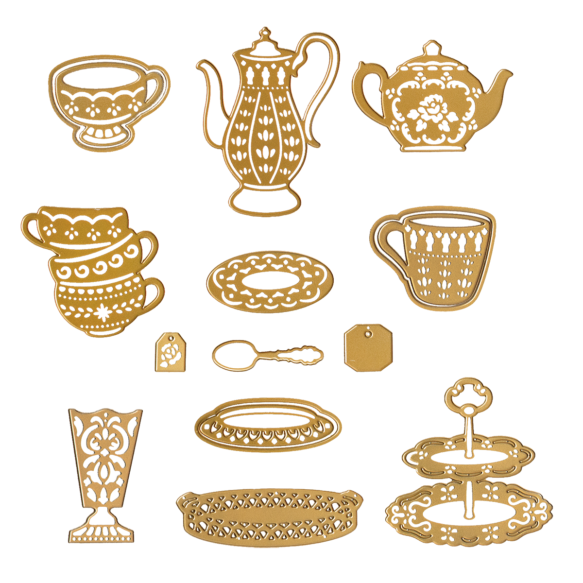 A selection of gold and white cut and emboss images—including teapots, cups, plates, trays, a tag, and a vase—inspired by the elegance of the Tea Party Cut and Emboss Dies, displayed in rows on a white background.