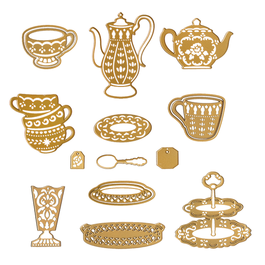 A selection of gold and white cut and emboss images—including teapots, cups, plates, trays, a tag, and a vase—inspired by the elegance of the Tea Party Cut and Emboss Dies, displayed in rows on a white background.