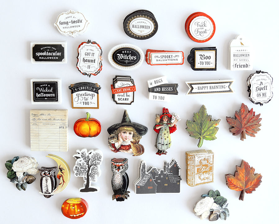 Introducing the Haunted Halloween Haul: a festive assortment of Halloween-themed magnets and cutouts featuring pumpkins, witches, owls, autumn leaves, and playful seasonal phrases—all arranged on a crisp white background. Some pieces shimmer with glitter cardstock while others pop as vibrant Halloween stickers, adding extra sparkle and spooky fun to any display. Perfect for enhancing your haunted holiday decor!.
