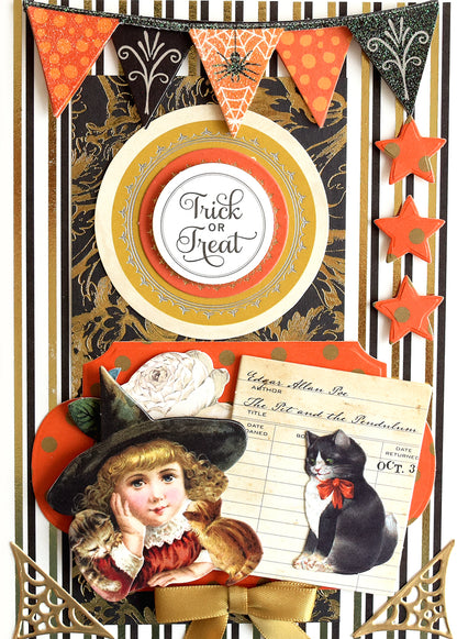 Introducing the Haunted Halloween Haul card—featuring “Trick or Treat” text, festive bunting, stars, a charming girl in a witch hat, and her trusty black cat. Vintage-style embellishments and a striped background set the scene, while sparkling glitter cardstock details and playful Halloween stickers add an extra festive touch to this spooky celebration!.