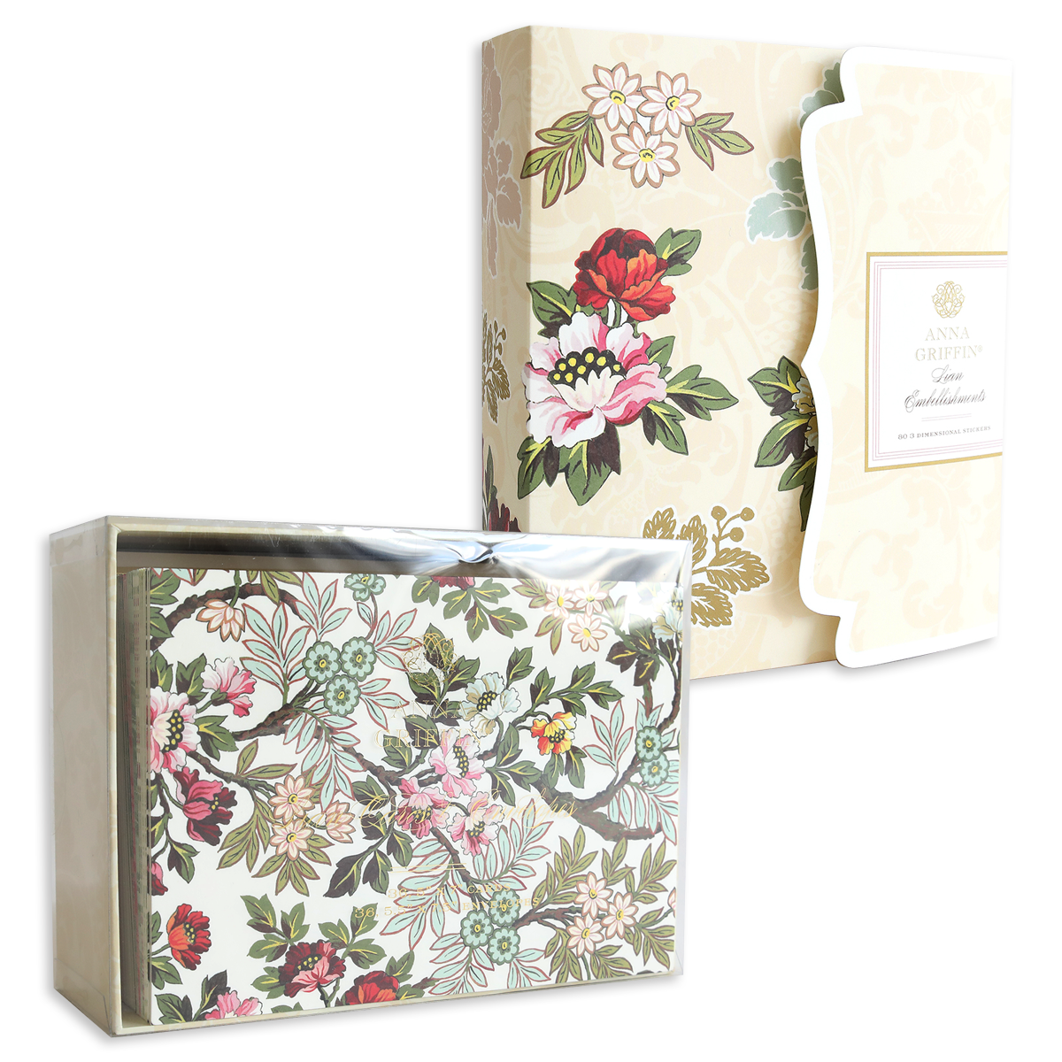 Lian Embellishments and Cards: A box set of handmade cards with matching envelopes, featuring a cream background, vibrant floral patterns, and decorative embellishments.
