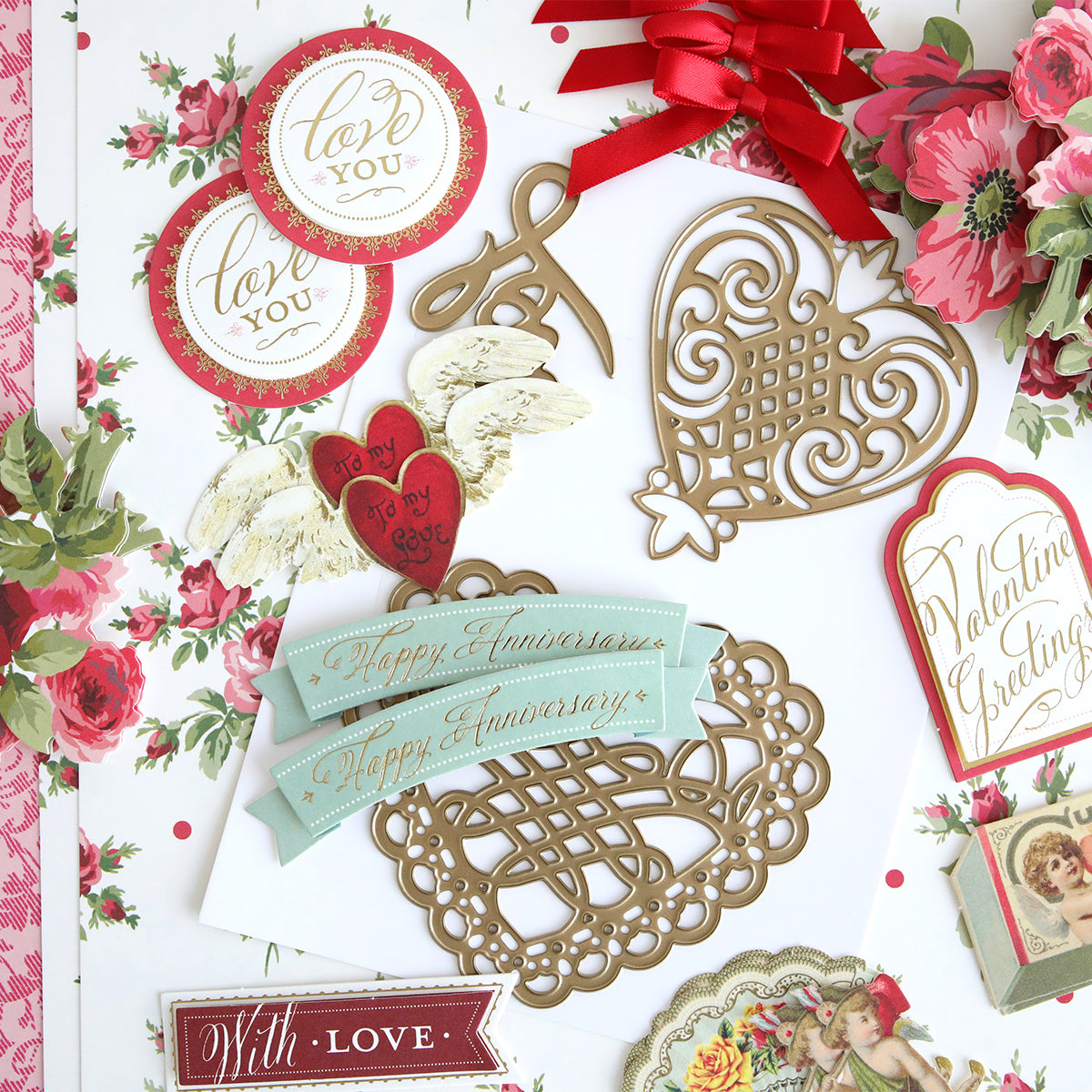 The Anna Griffin® 2026 Papercrafting Mystery Box Subscription features Valentine’s Day and anniversary-themed paper crafts, metallic die cuts, floral motifs, and greetings—perfect for card making lovers.