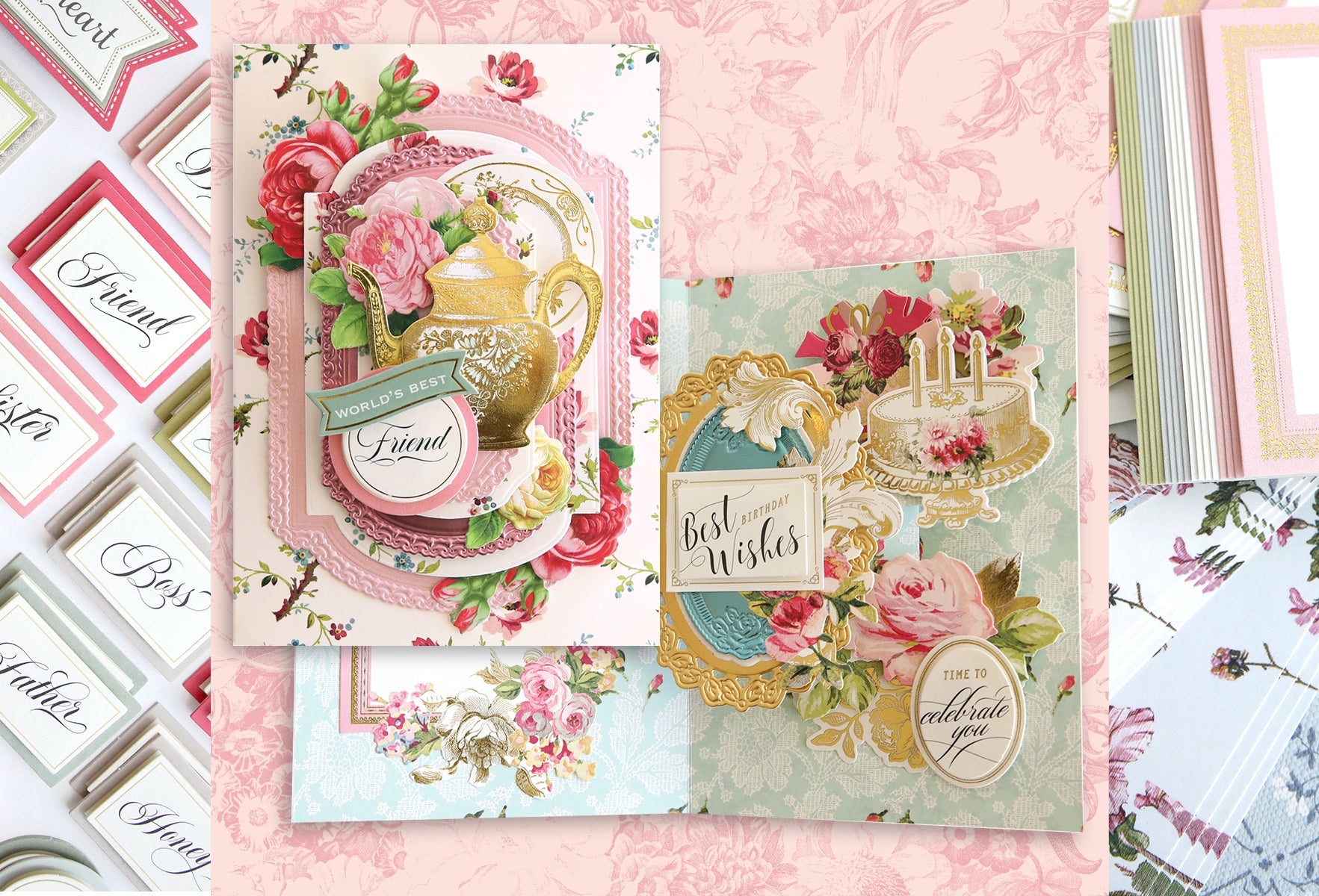 Four ornate greeting cards with floral designs, displaying messages like "world's best friend" and "best wishes," arranged on a patterned background.