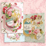 Four vintage-style greeting cards with floral designs and ornate elements, featuring teapot, cake, and various congratulatory texts.