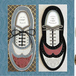 Two illustrated shoes with messages on their soles; left shoe says "We are a great match," right shoe says "Wishing you a happy birthday." Background shows images of suits and greeting tags.