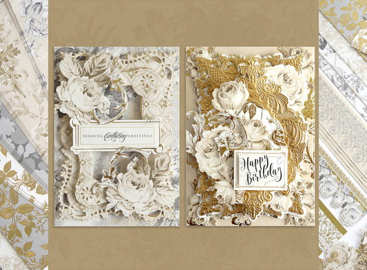 Two ornate greeting cards with intricate floral designs—one says "Sending Birthday Greetings," and the other "Happy Birthday"—set against a vintage-style backdrop.