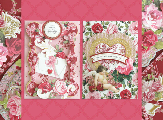 Two ornate Valentine's Day cards feature layered floral designs, hearts, and cherubs, set against a pink rose-patterned background.