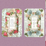 Two ornate greeting cards with floral designs and text: "Sending a bouquet of happiness" and "You are the best." Background shows various patterned papers.