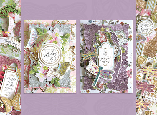 Two ornate greeting cards decorated with layered floral patterns, butterflies, gold foil accents, and elegant calligraphy messages on a purple background.